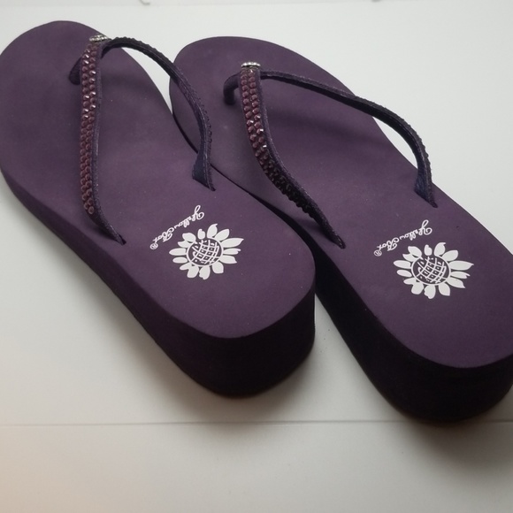purple yellow box flip flops